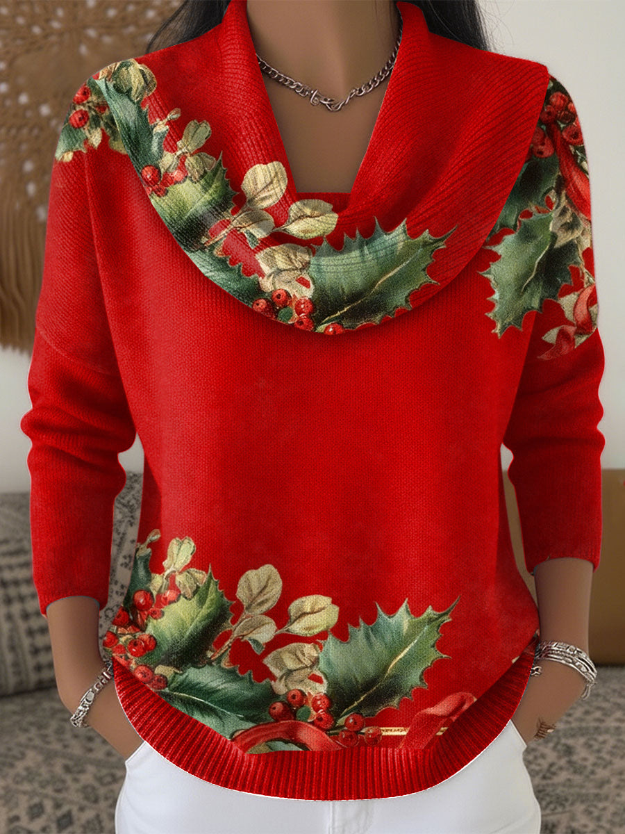Dámské vánoční červený květinový pletený svetr