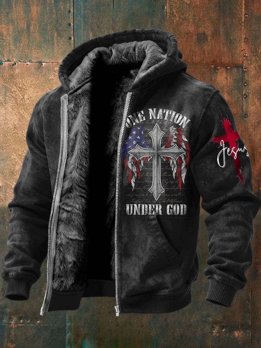 Retro křížový křížek neformální fleecelemovaný kabát s kapucinákem