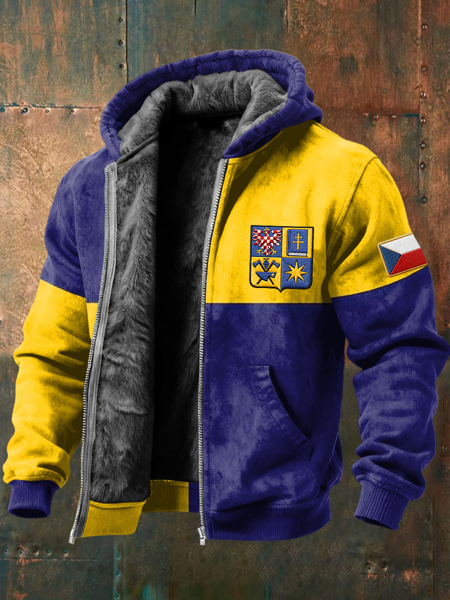 Retro český zlínský kraj emblém fleecelemovaný kabát s kapucinou