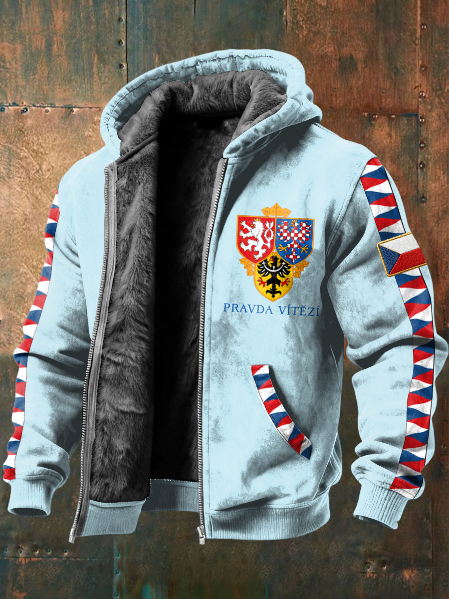 Retro czech prague castle guard emblem fleecelined with hooded jacket