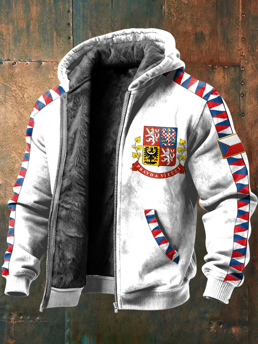 Retro czech republic presidential flag fleecelined hooded jacket