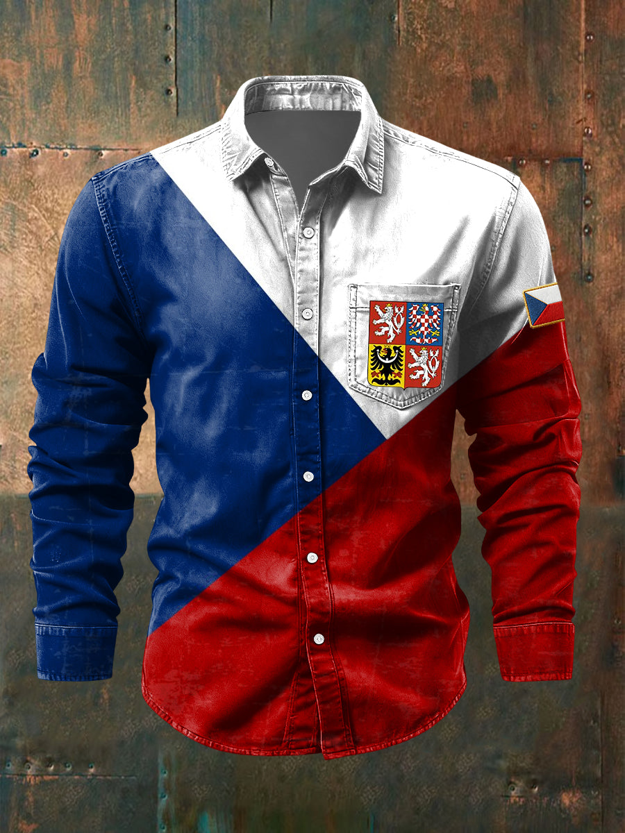 Retro czech flag patchwork casual shirt