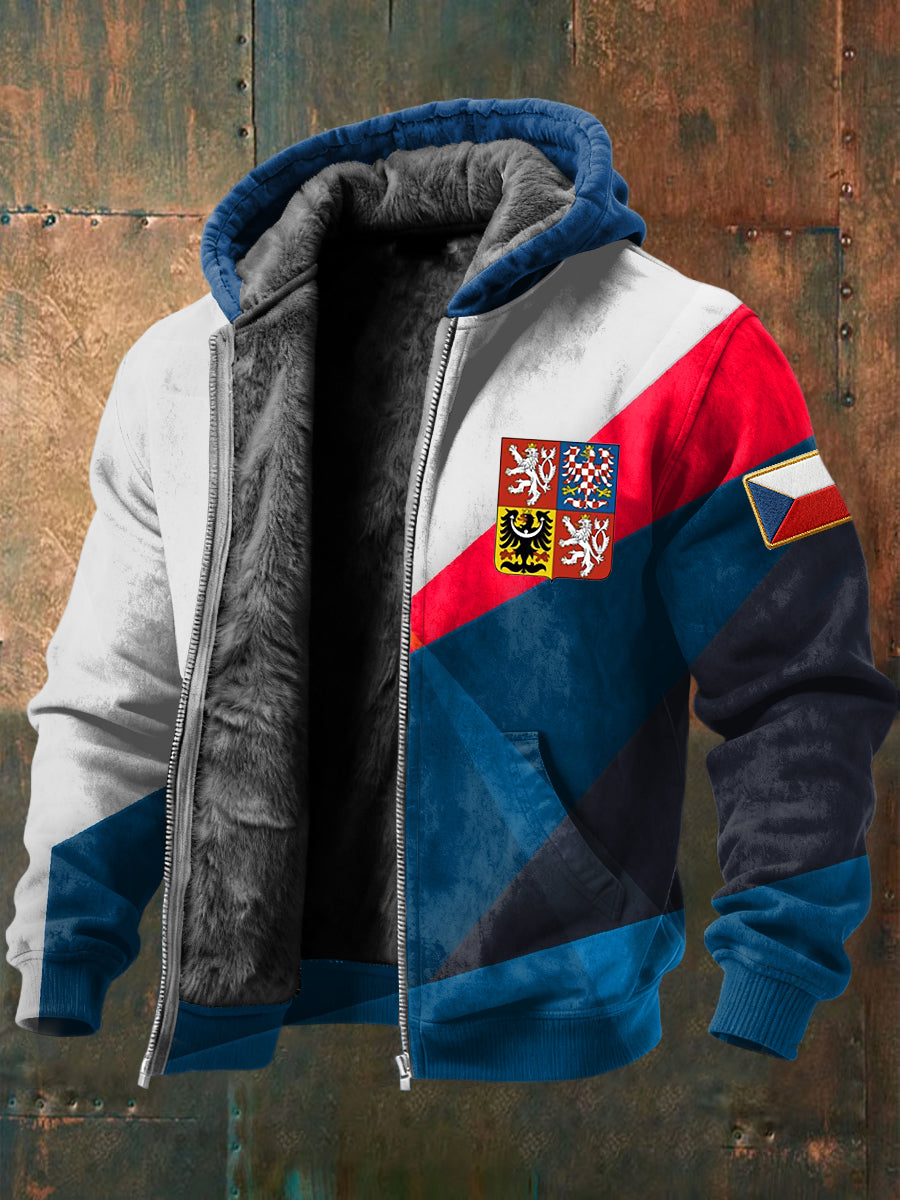 Retro geometrické patchwork flag emblem fleecelined with hooded jacket