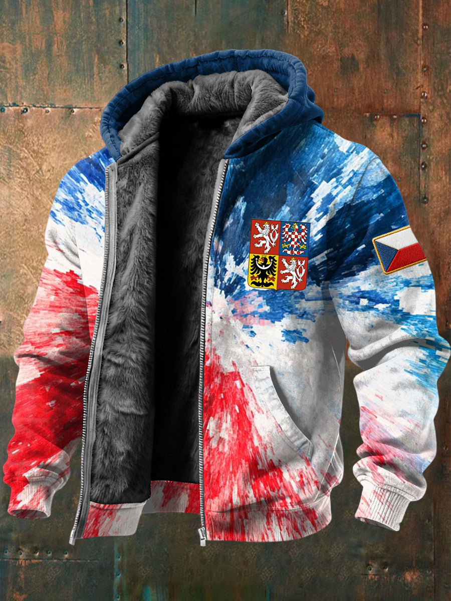 Retro barvazablokovaná česká embléma fleecelemované kabát s kapucinou