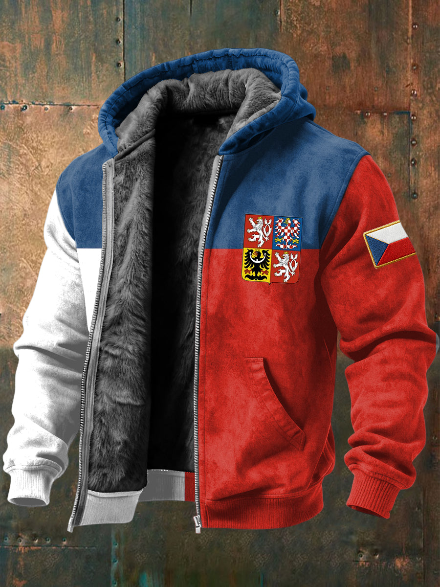 Retro česká vlajka patchwork fleecelemované kabát s kapucinou