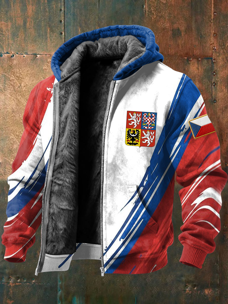 Retro abstract line czech emblem fleecelined with hooded jacket