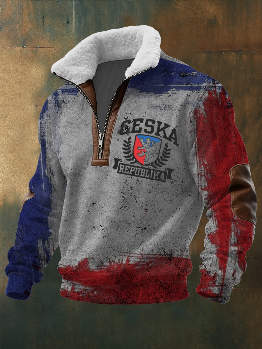 "Česka republika" print sherpalined quarterzip sweatshirt