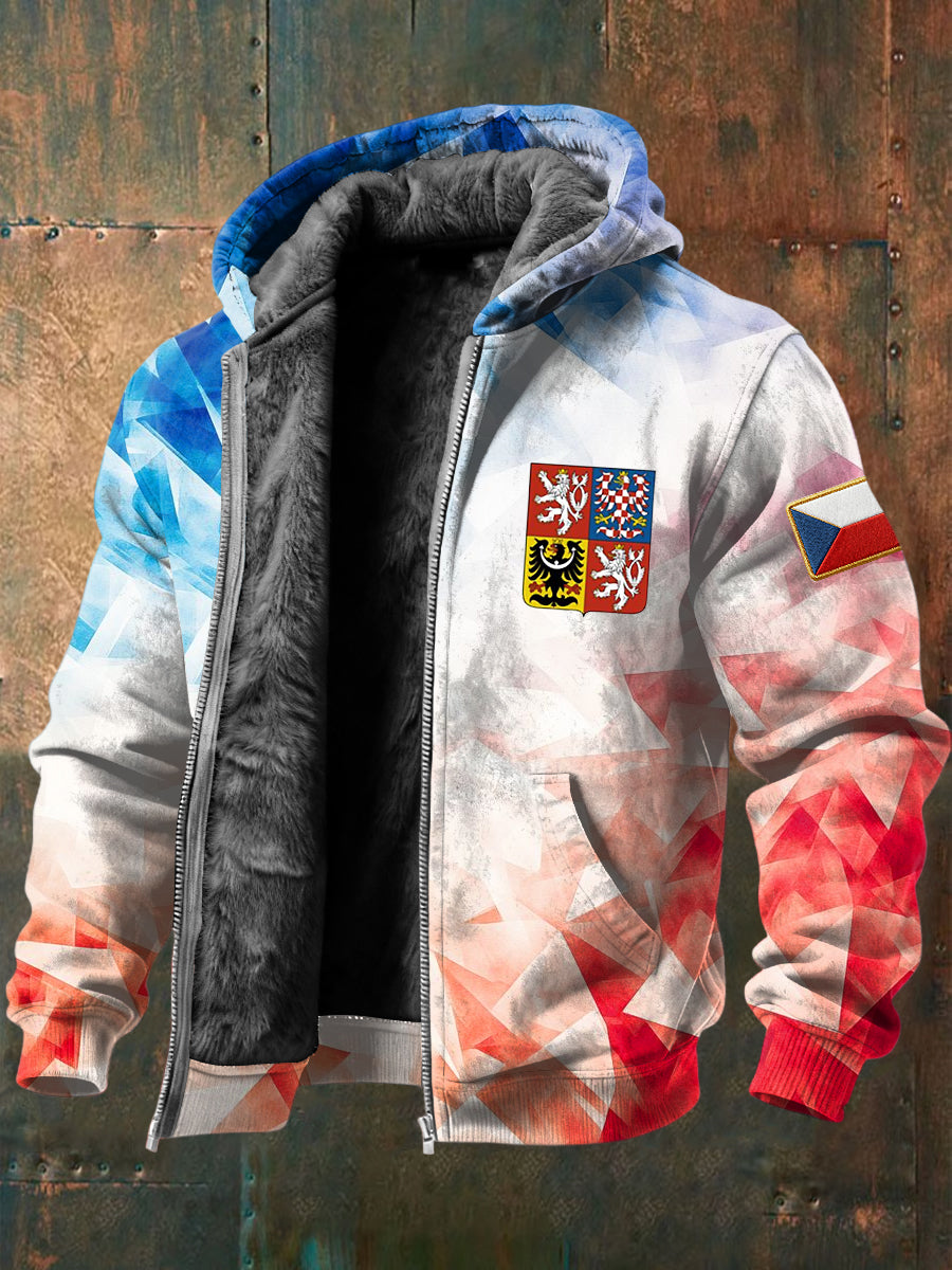 Retro gradient geometric czech badge fleecelined hooded jacket