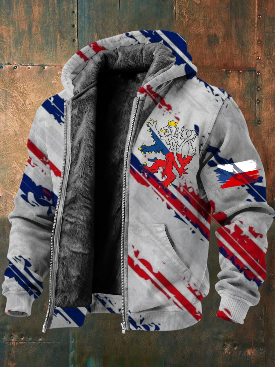 Pánské modely česká republika leva a vlajka tisk fleecelemované kabát s kapucinákem