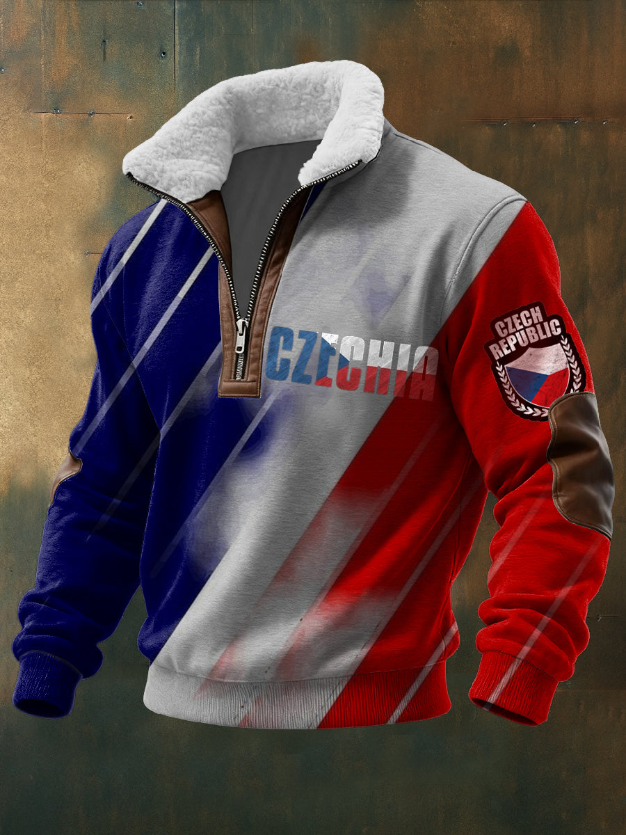 Pánské diagonální pruh "czechia" tisk sherpalined quarterzip sweatshirt