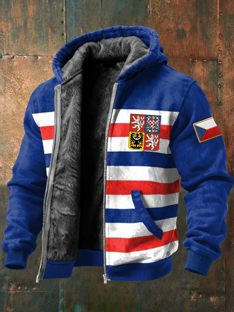 Retro czech badge striped patchwork fleecelined hooded jacket