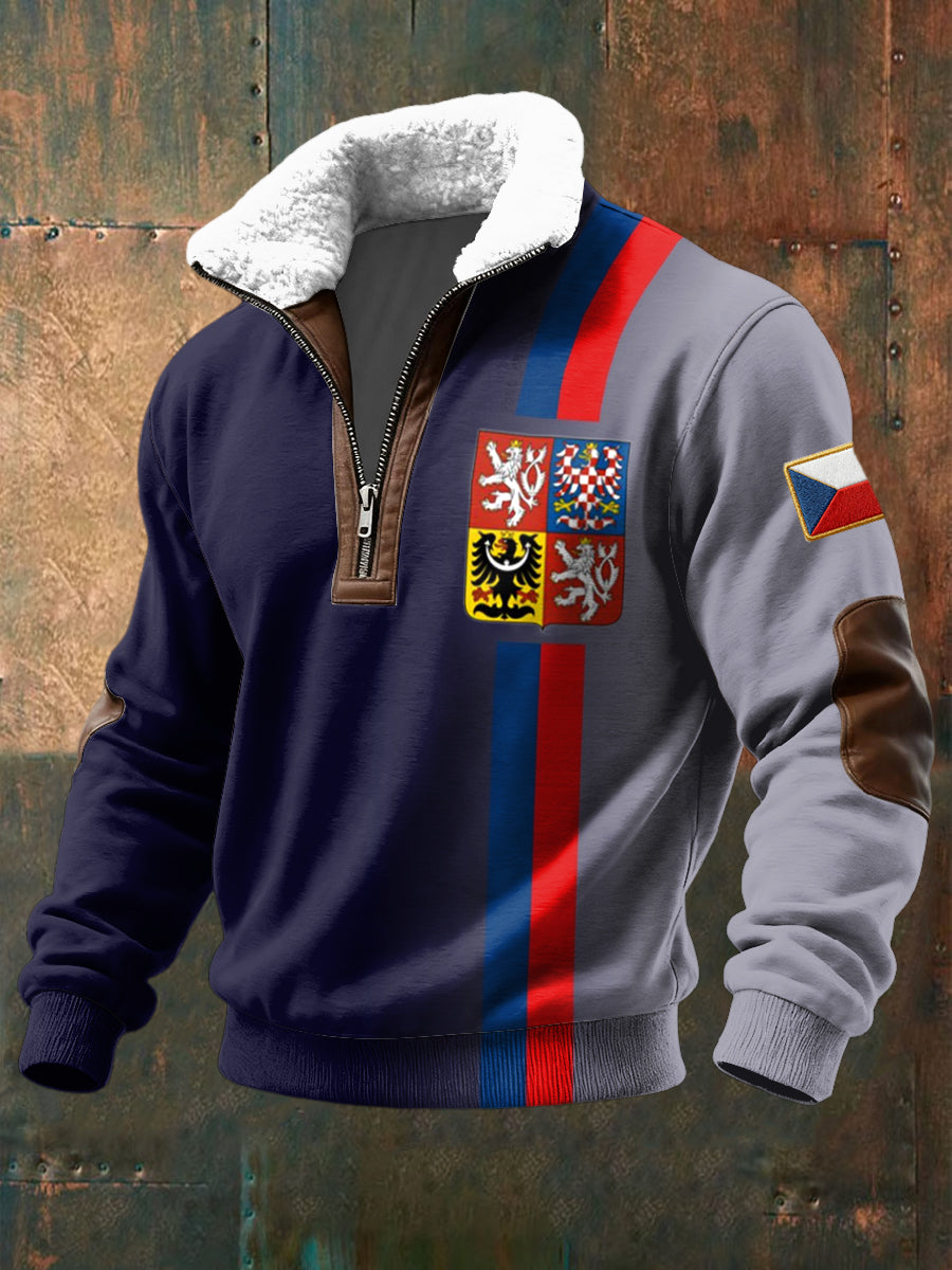 Retro česká odznak gradient shearling zipup hoodie