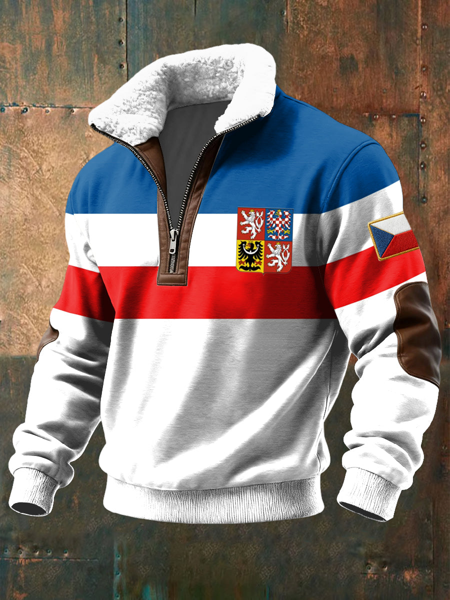 Retro česká embléma vlajka patchwork lambswool zips pulóver
