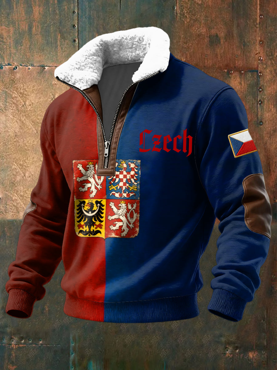 Retro česká vlajka emblém lambswool zips pulóver