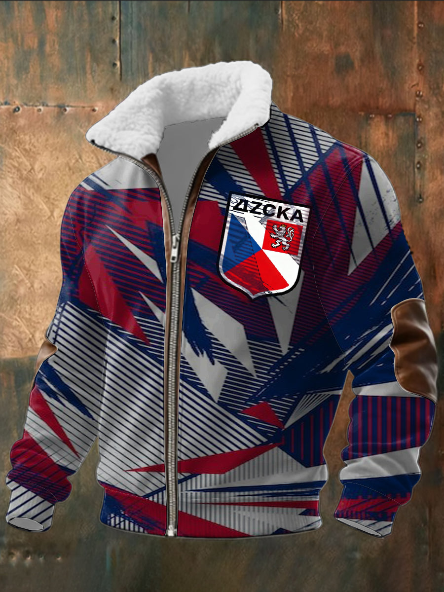 Men geometric czech republic emblem print patchwork sherpalined zipper jacket