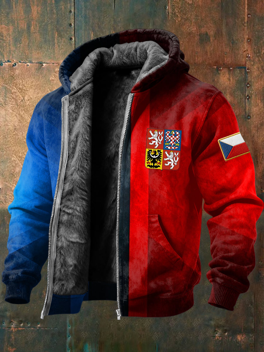 Retro czech badge geometric patchwork fleecelined hooded jacket