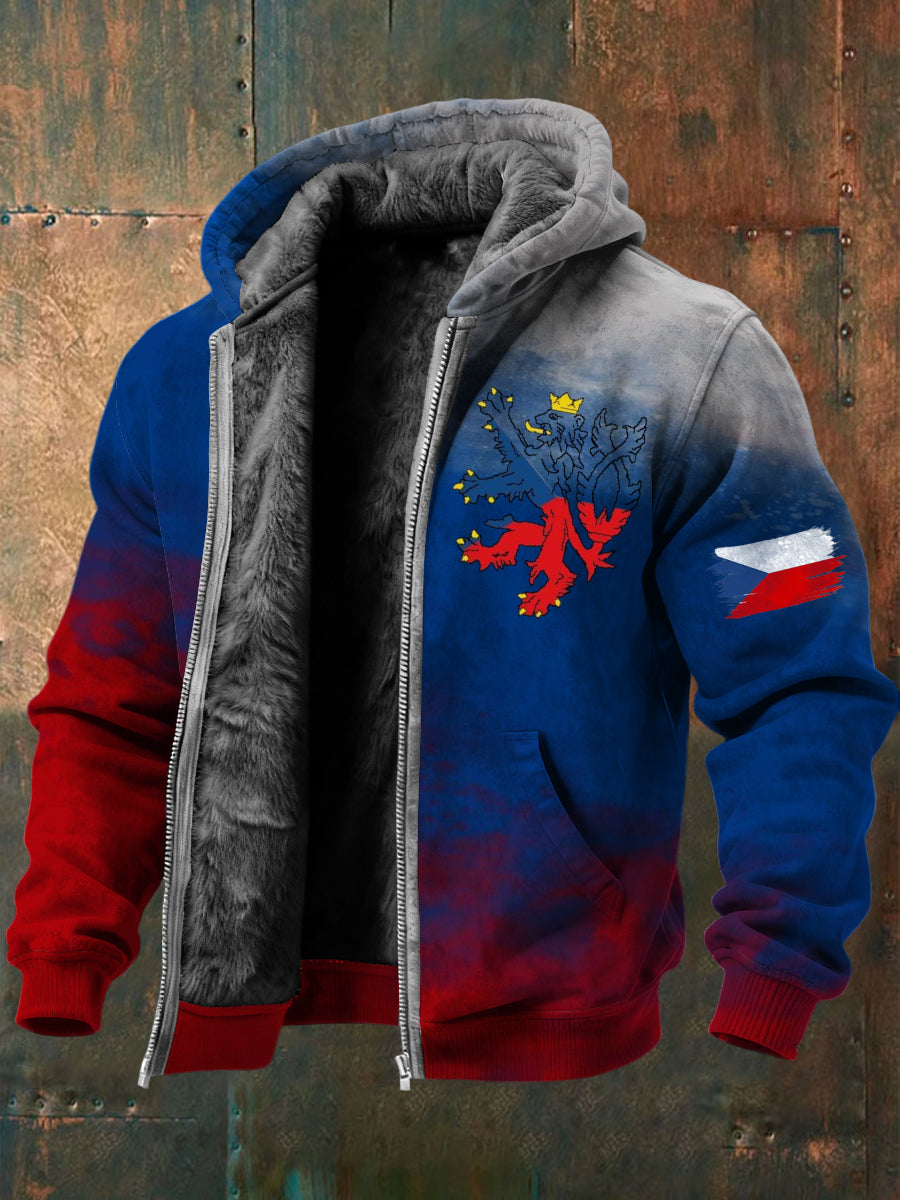 Pánský gradient český lev emblem print fleecelemovaný zip bunda