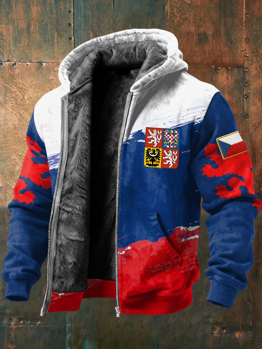 Retro gradient patchwork czech emblem fleecelined hooded jacket
