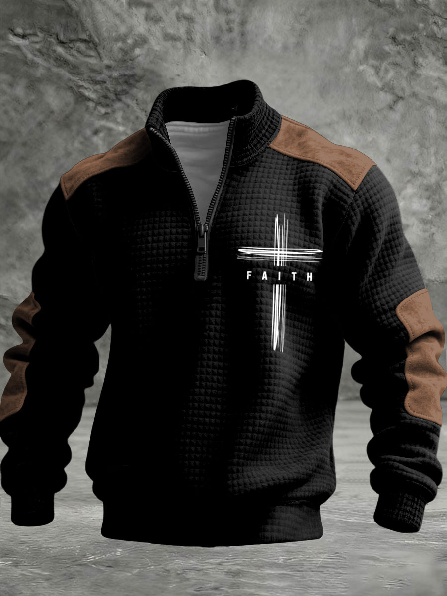 Retro patchwork faith print zips pullover