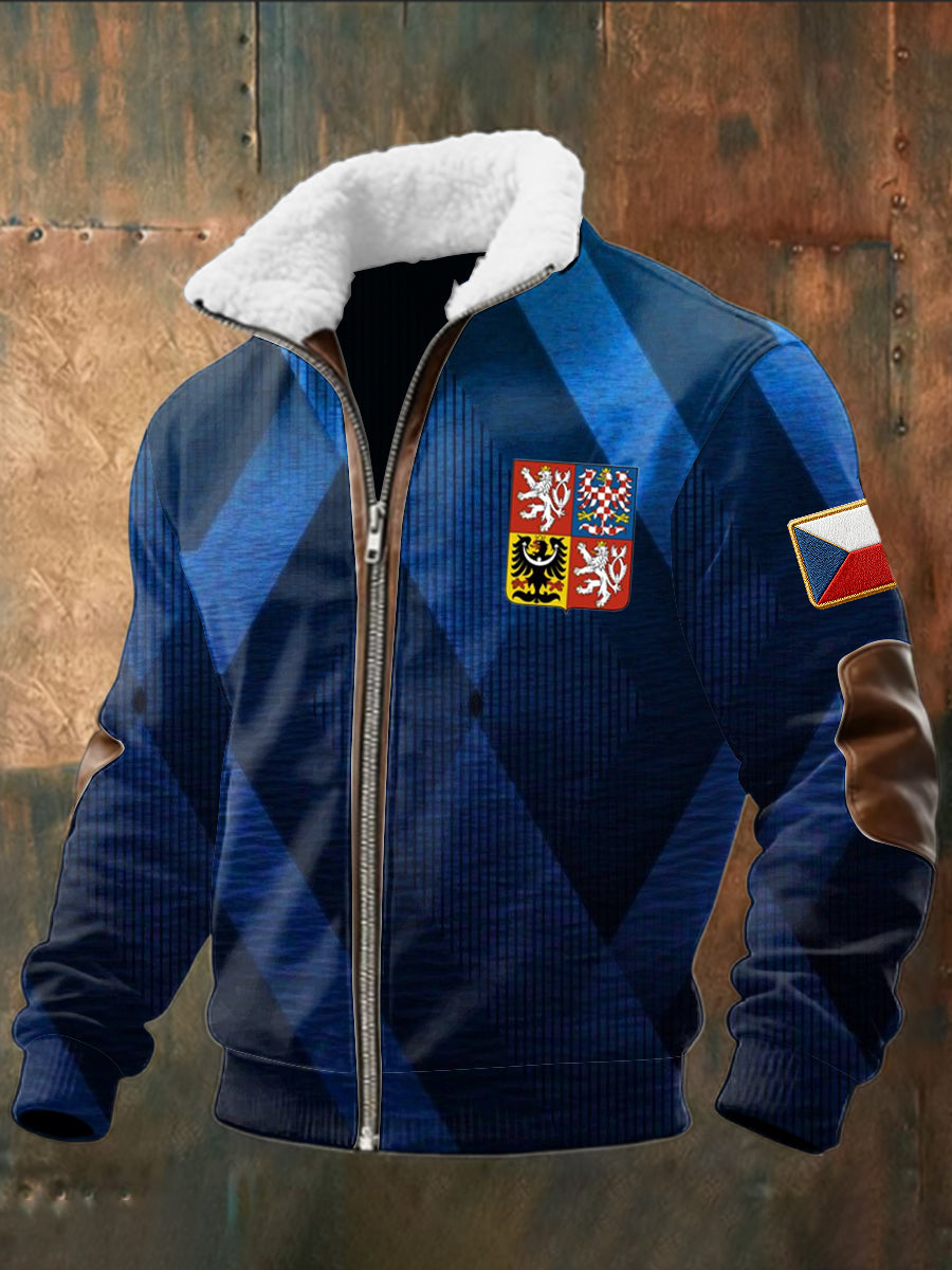 Retro česká odznak gradient shearling zipper bunda