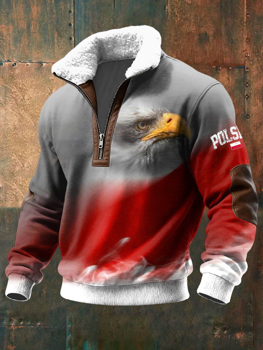 Retro polský orel abstraktní jehněčívlna zips pulóver