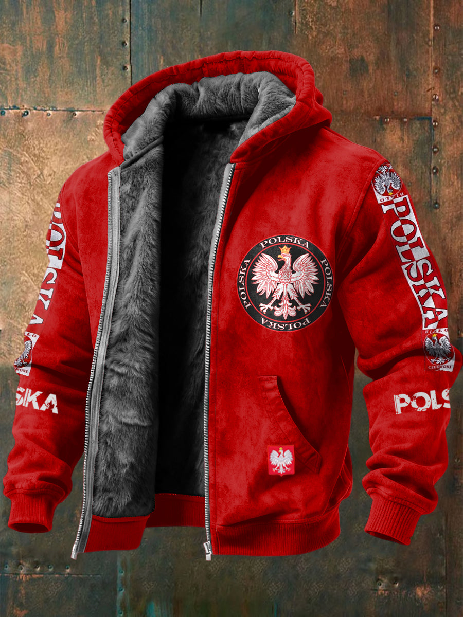 Retro polish eagle emblem patch fleecelined with hooded jacket