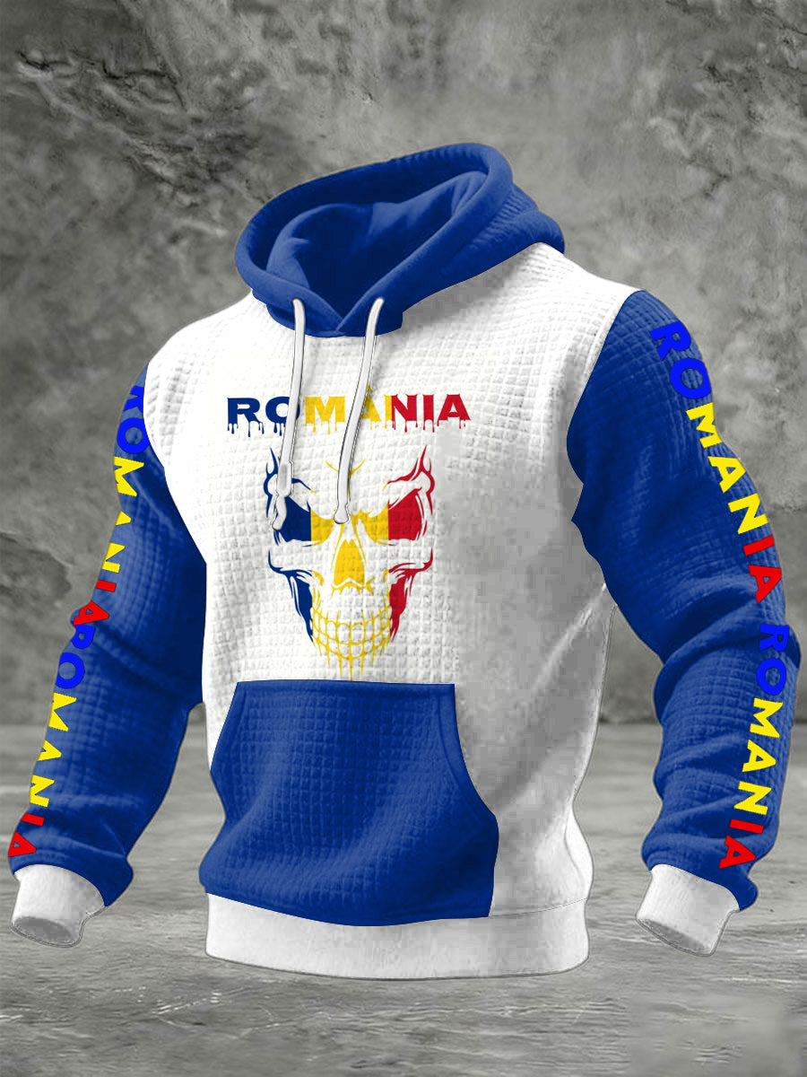 Men romania printed waffle long sleeved hooded sweatshirt