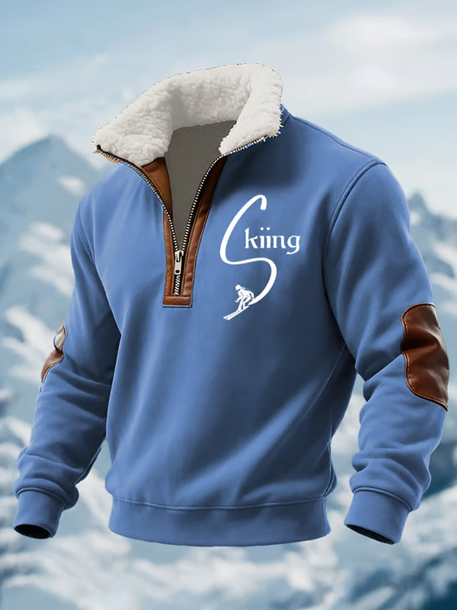 Men casual ski art print zipper comfortable fur collar longsleeve sweatshirt