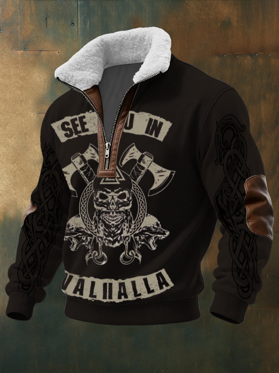 Men black "see you in valhalla" viking skull print sherpalined zip sweatshirt