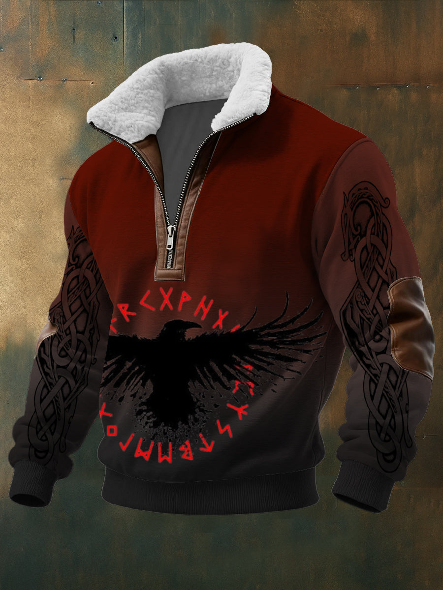 Pánské red viking raven & rune print sherpalined zip sweatshirt