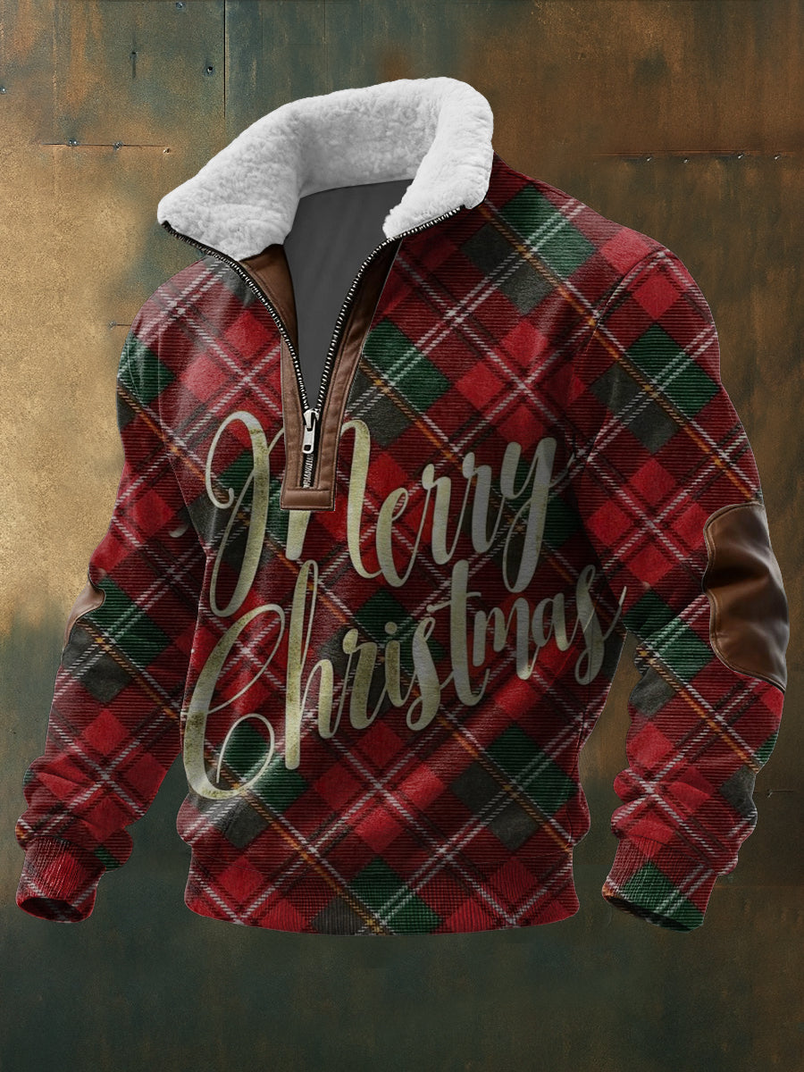 Pánské červené a zelené koberce "veselé vánoce" tisk sherpalined zip sweatshirt