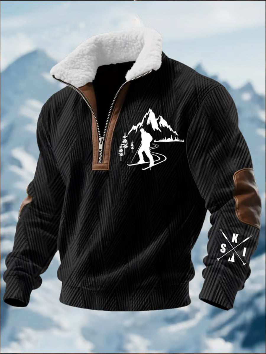 Men casual ski art print zipper comfortable fur collar longsleeve sweatshirt