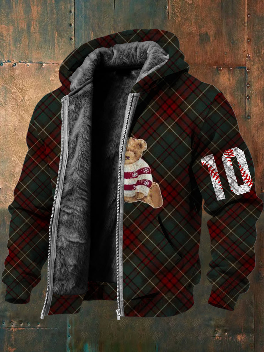 Pánské útulné plaid bear & baseball print sherpa lined jacket