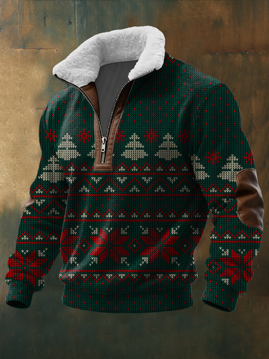 Pánské zelené vánoční pletené vzor sherpalemované zip mikina