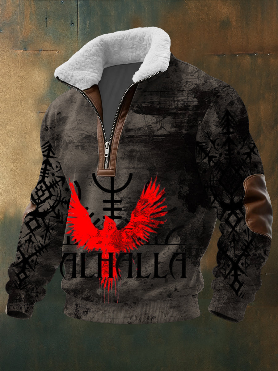 Men grey red raven valhalla print sherpalined zip sweatshirt