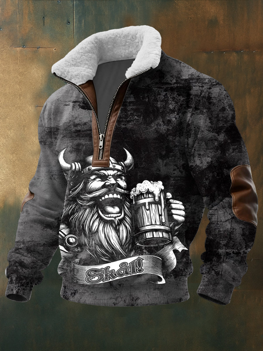 Pánské šedé vikingské "skal" pivo tisk sherpalined zip sweatshirt
