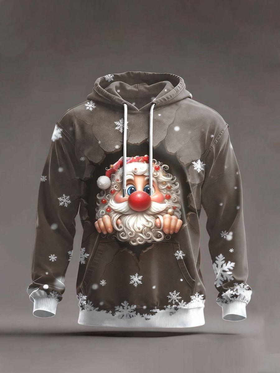 Pánské vánoční tematické potištěné tmavě hnědé mikiny s kapucinou