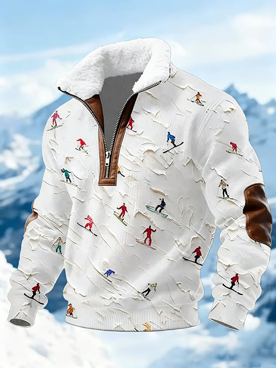 Men casual ski art print zipper comfortable fur collar longsleeve sweatshirt