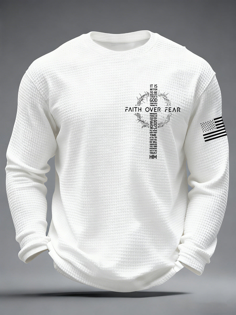 Mens faith over fear print casual waffle long sleeve tshirt