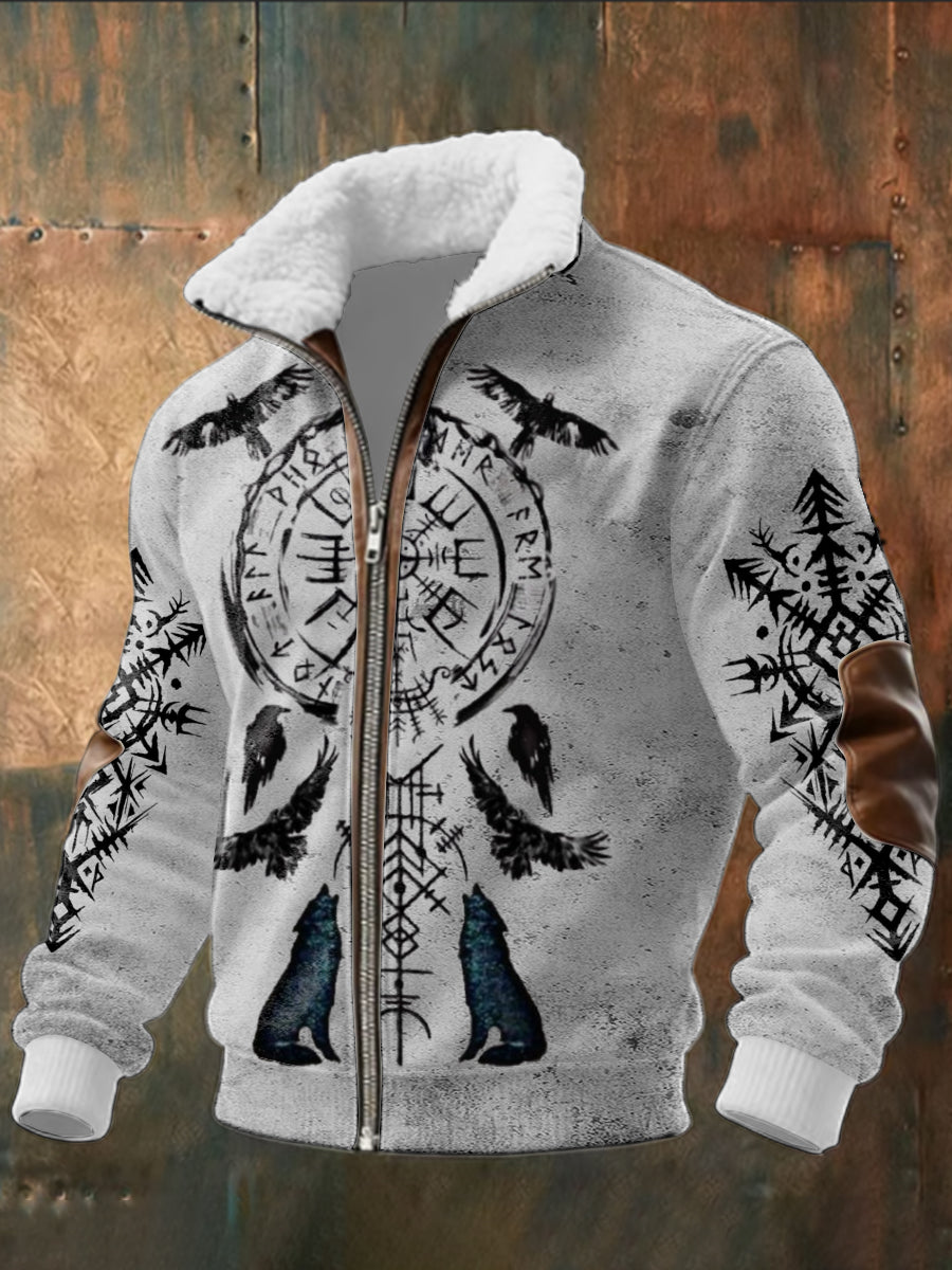 Men atmospheric viking compass & raven print sherpa collar jacket
