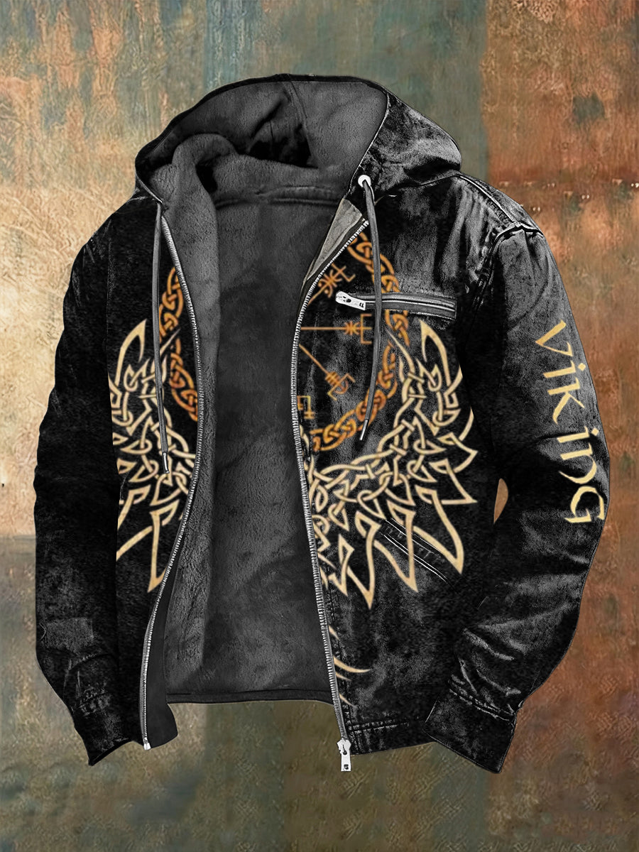 Pánské luxusní zlatý keltský uzel viking tisk fleecelemovaný zip bunda