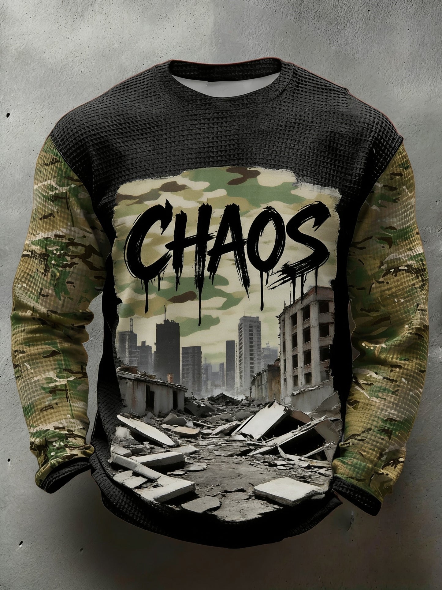 Mens retro punk band the clash camo print casual waffle longsleeve top