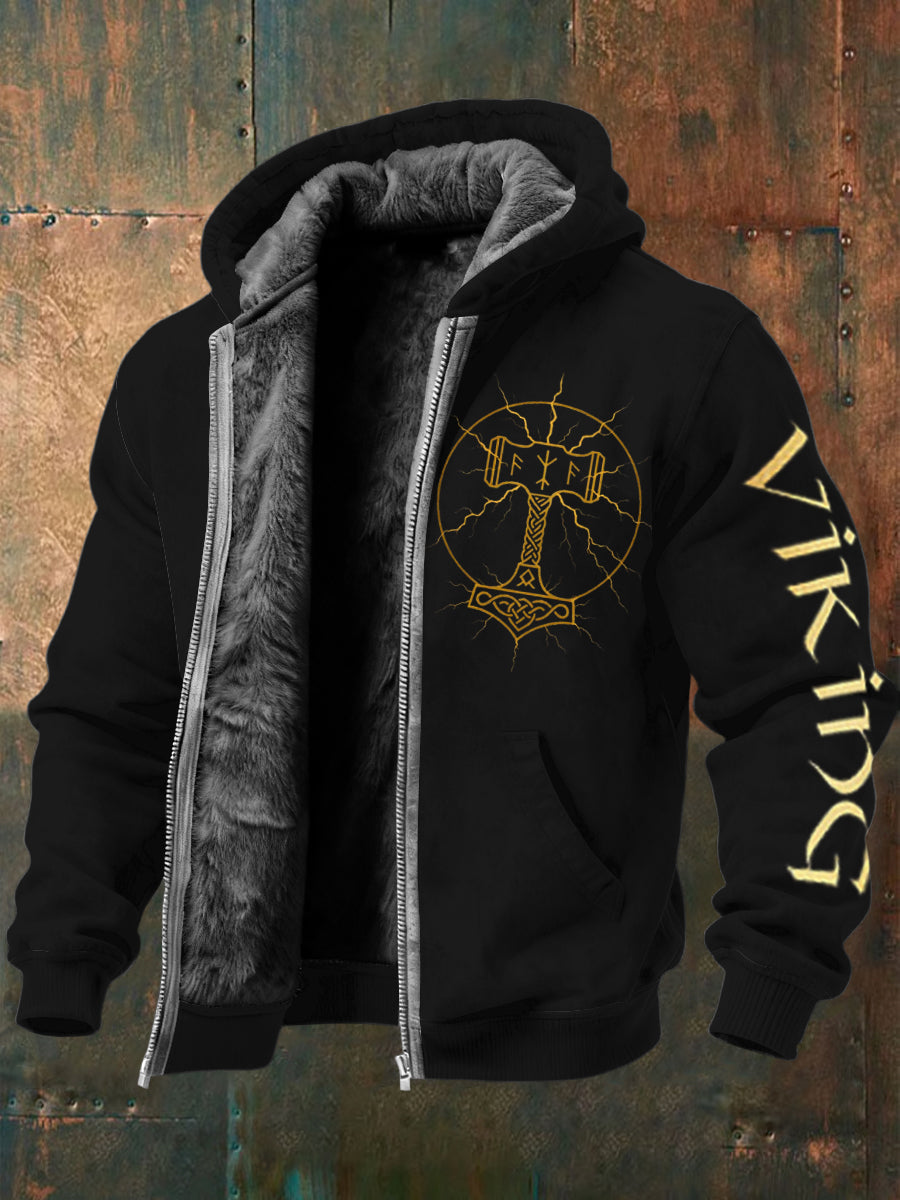 Men bold golden thors hammer viking print fleecelined zip hoodie