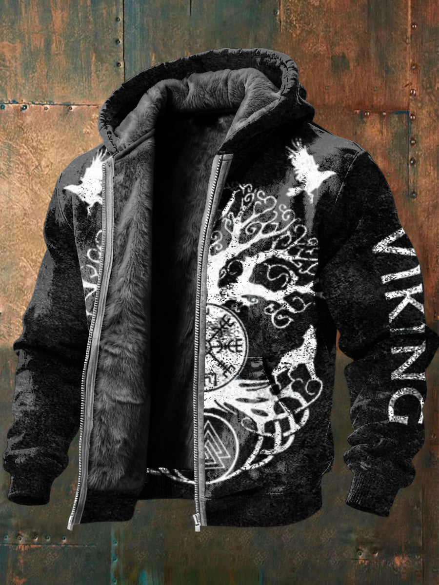 Pánské zdobené viking yggdrasil & rune tisk fleecelemovaný zip hoodie