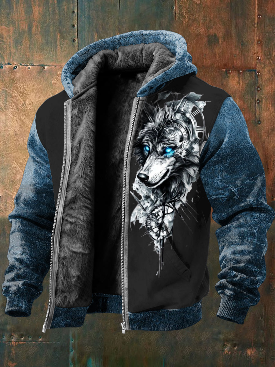 Pánské futuristické kybernetické vlčí tisk dvoutón fleecelemovaný zip hoodie