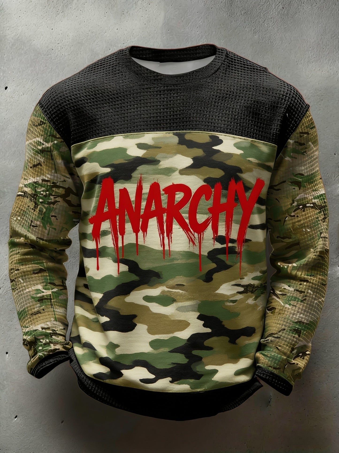 Mens retro punk band the clash camo print casual waffle longsleeve top