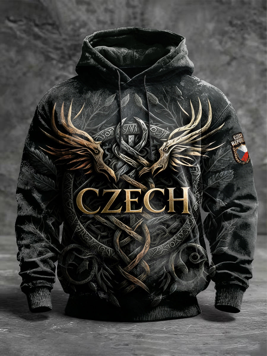 Pánské czechdesigned vintage print hooded sweatshirt
