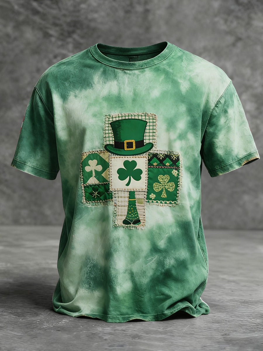 Retro st patricks day shamrock patchwork tiedye casual tshirt【potiskový model🍀】
