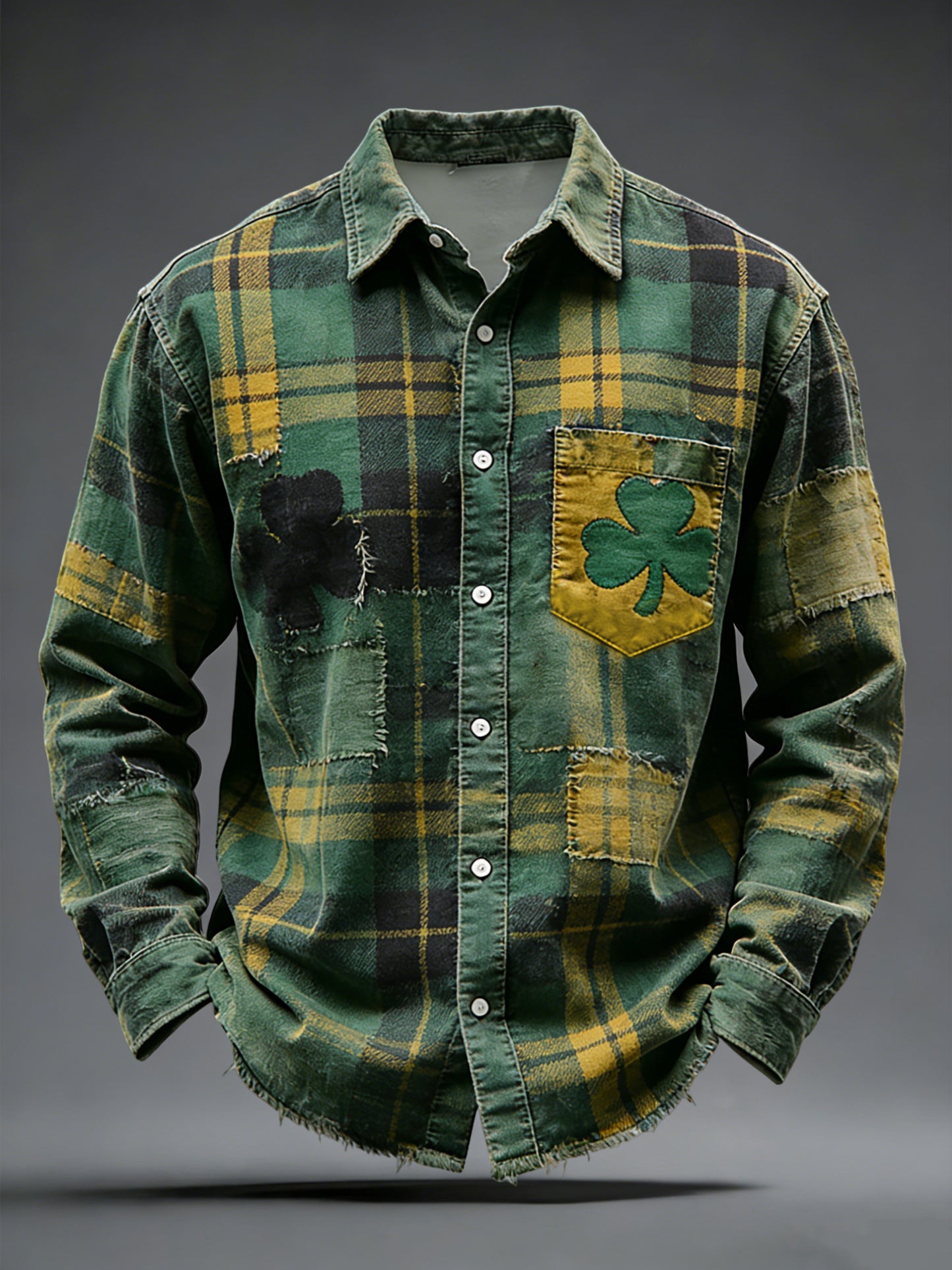 Retro st patricks day shamrock plid casual shirt【potiskový model🍀】
