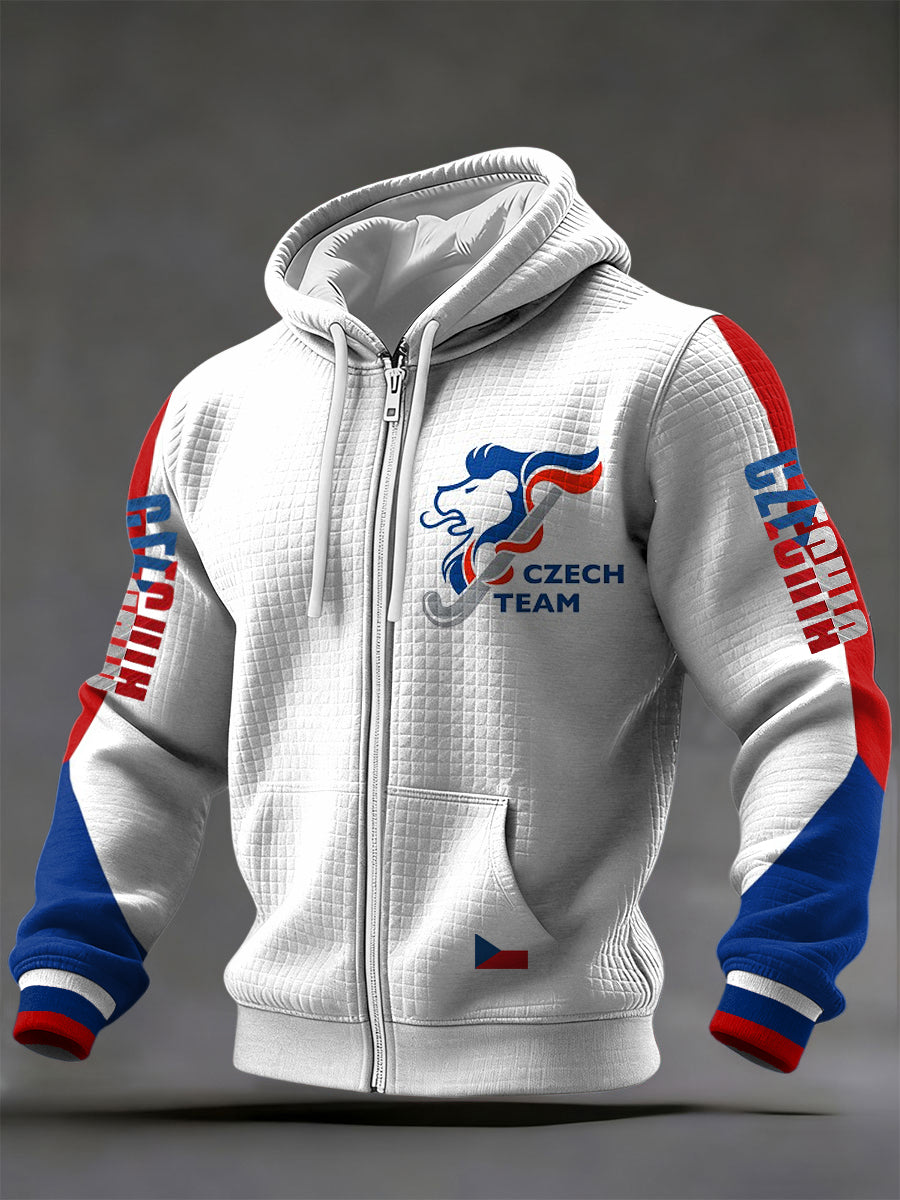 Retro czech hockey emblem casual waffle with hooded jacket
